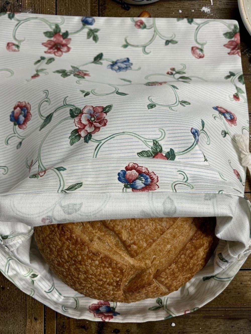 Blue & Red Floral Reusable Cotton Bread Bag | Farmhouse Kitchen Storage